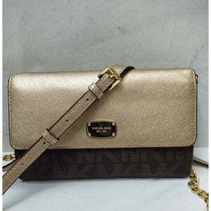 Michael Kors Jet Set Gold Brown Leather Chain Strap Credit Card Crossbody Bag